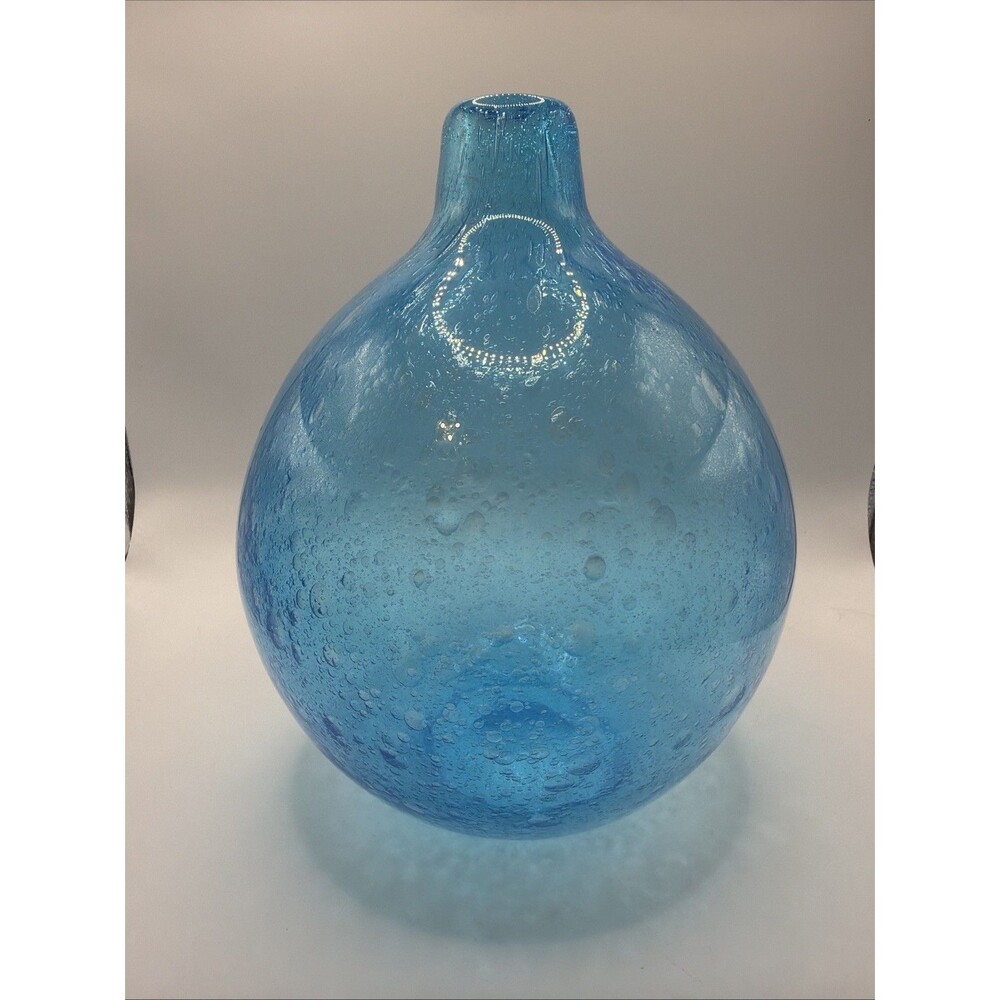 Vintage Hand Blown Art Glass Swirl Varying Size Bubbles Blue Aqua Vase Heavy 9”